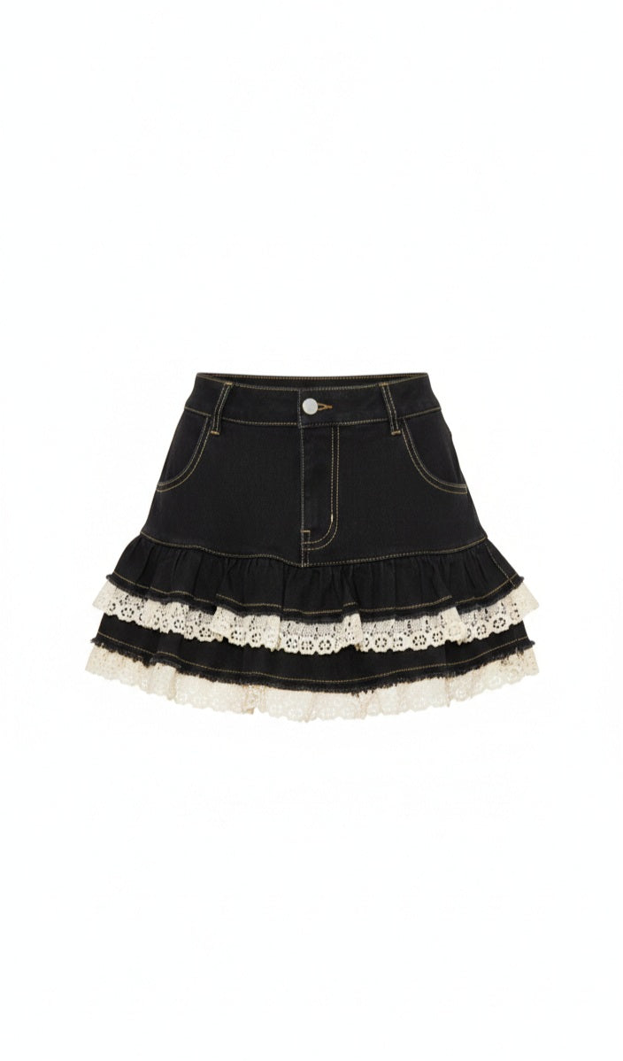 Lace trim denim mini skirt