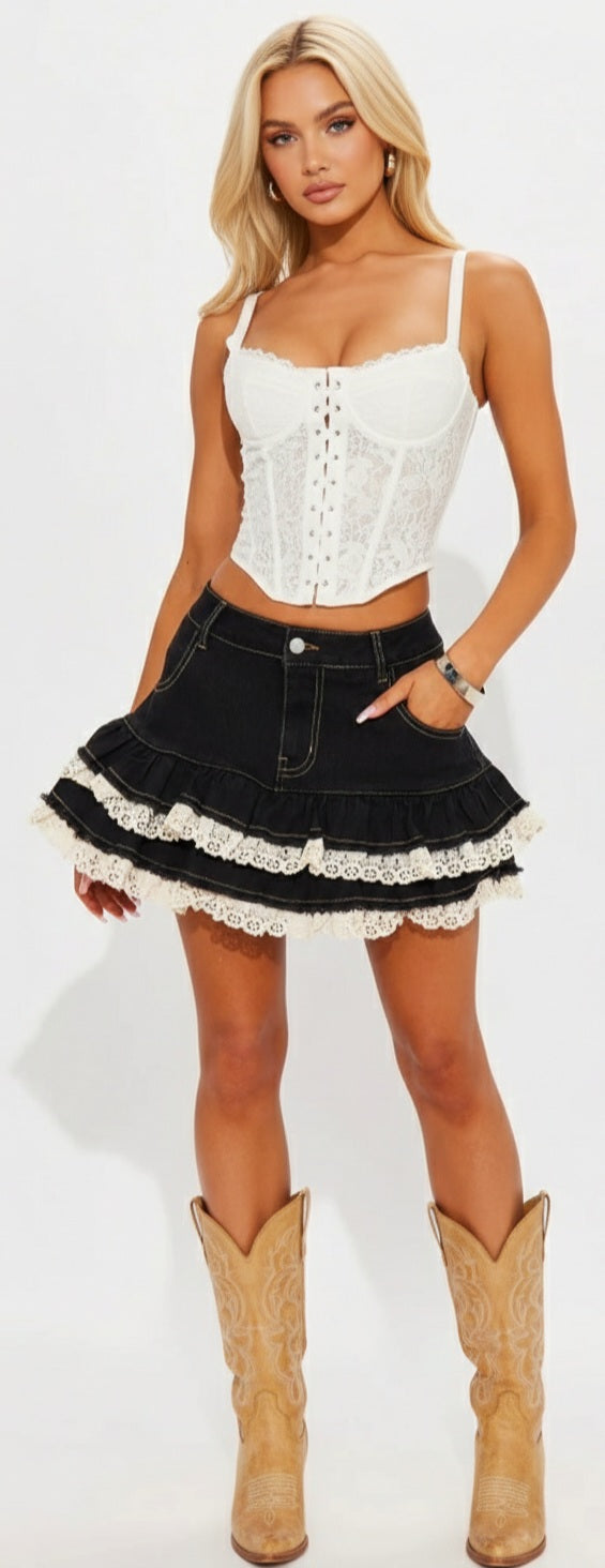 Lace trim denim mini skirt