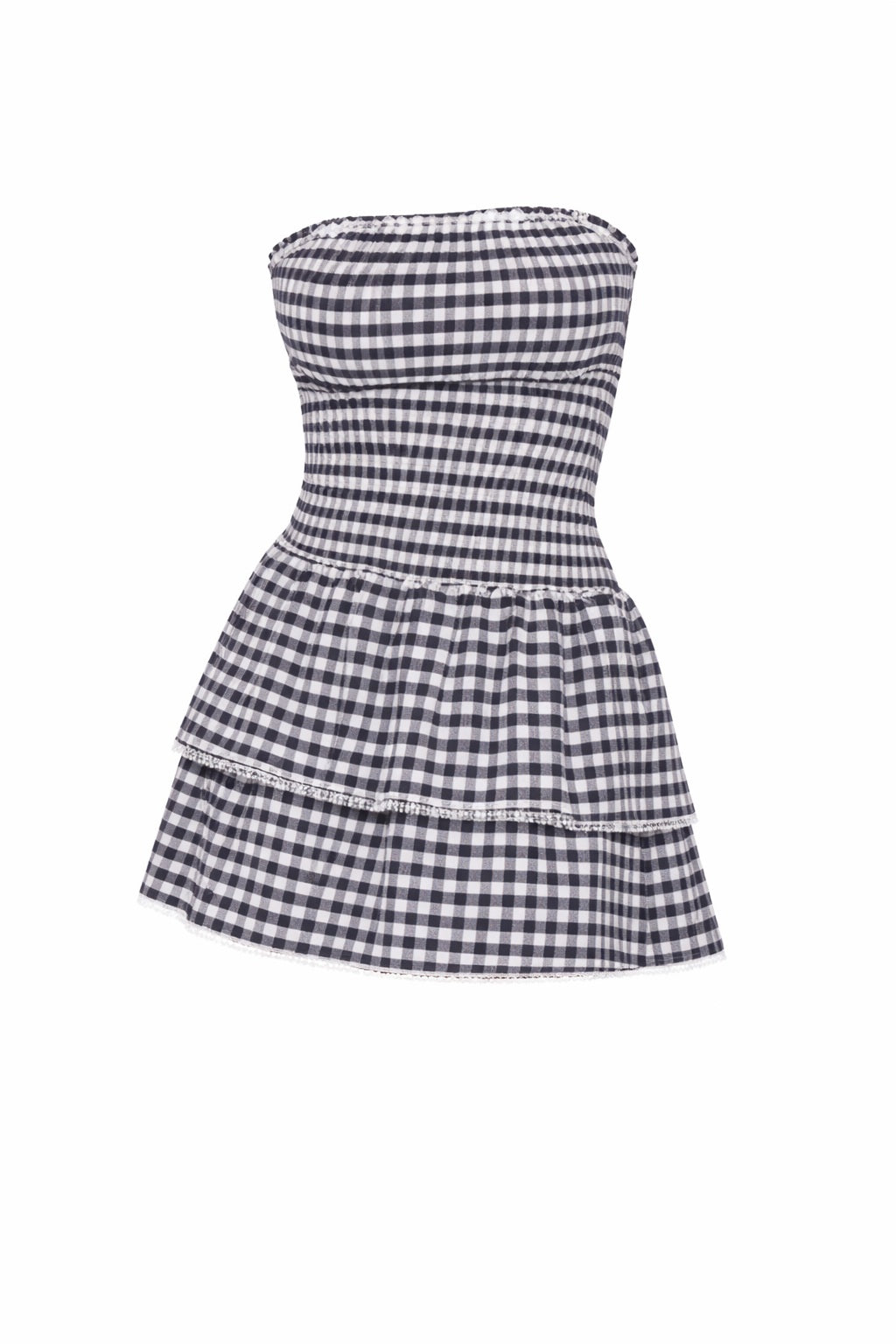 Gingham Strapless Double Ruffle Mini Dress